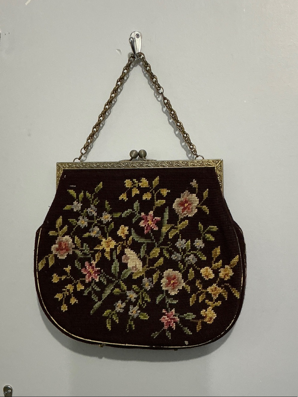 Vintage Brown Floral Tapestry Handbag with Chain